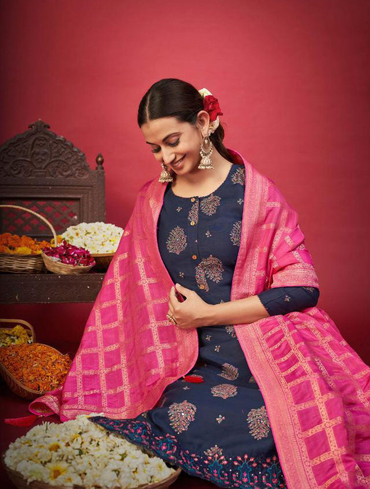 Pure Cotton Silk Blue Unstitched Dress Material With Banarasi Dupatta