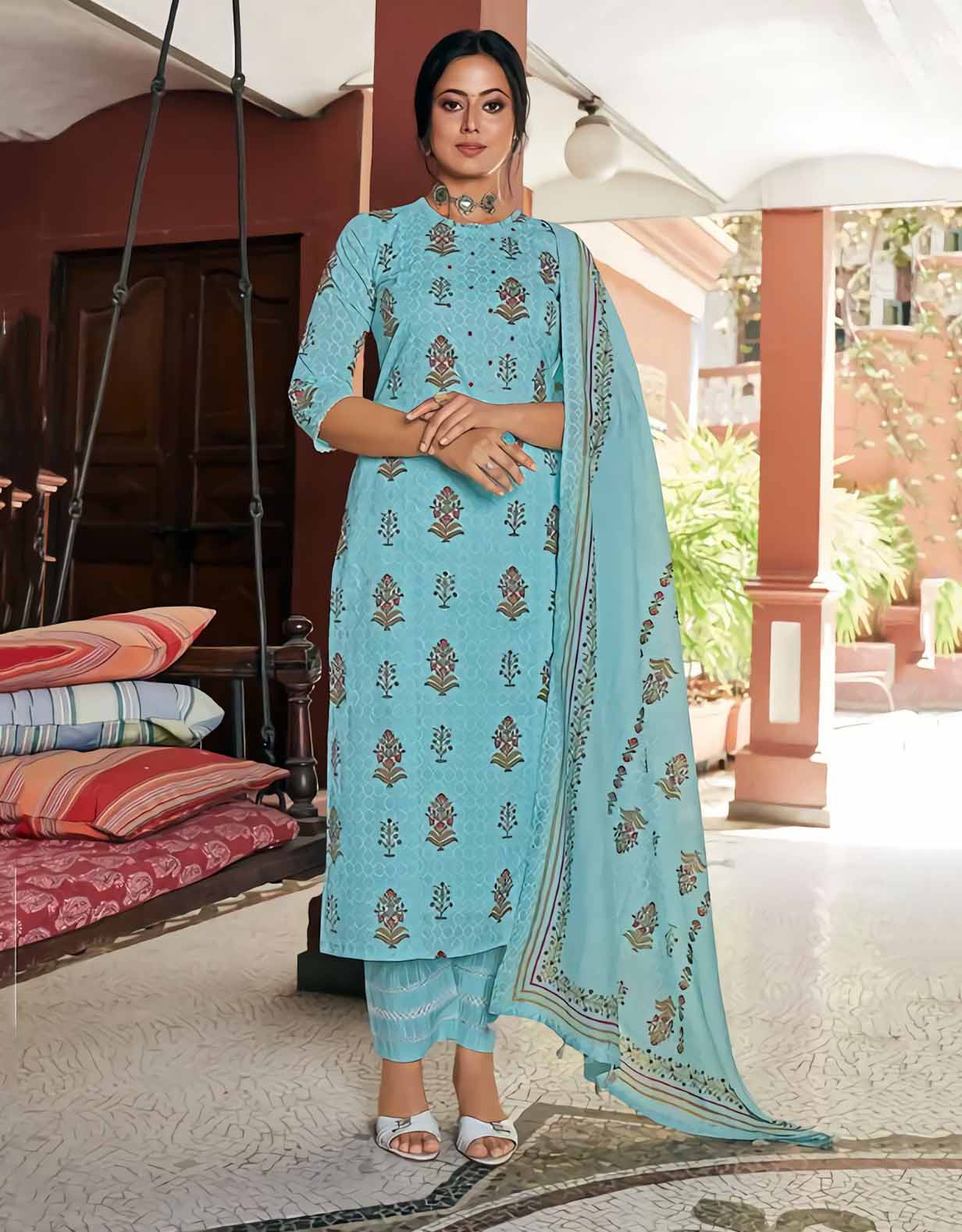 Pure Cotton Unstitched Blue Salwar Suit Material with Khadi Print