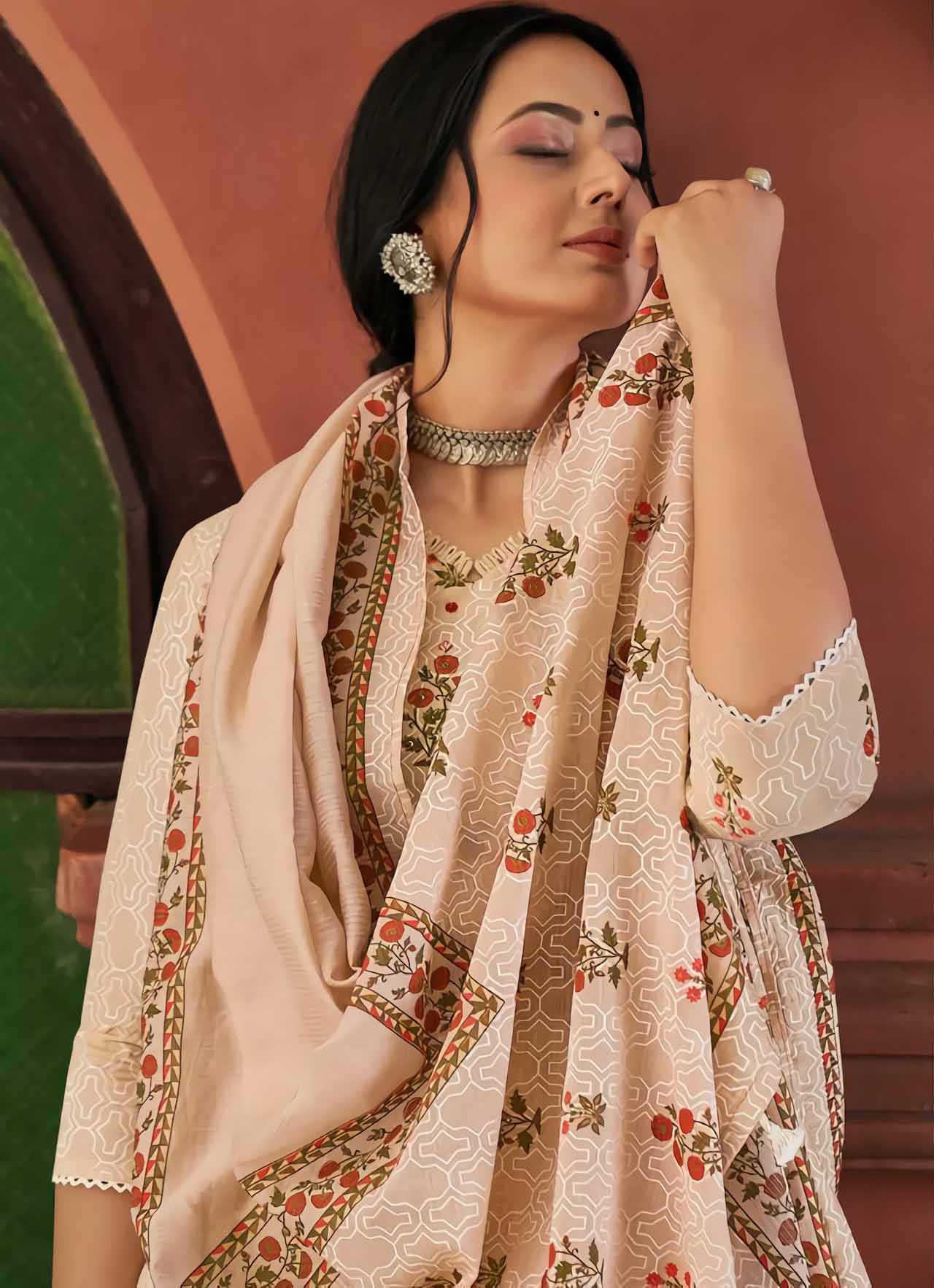 Pure Cotton Unstitched Brown Salwar Kameez Suit Set With Print