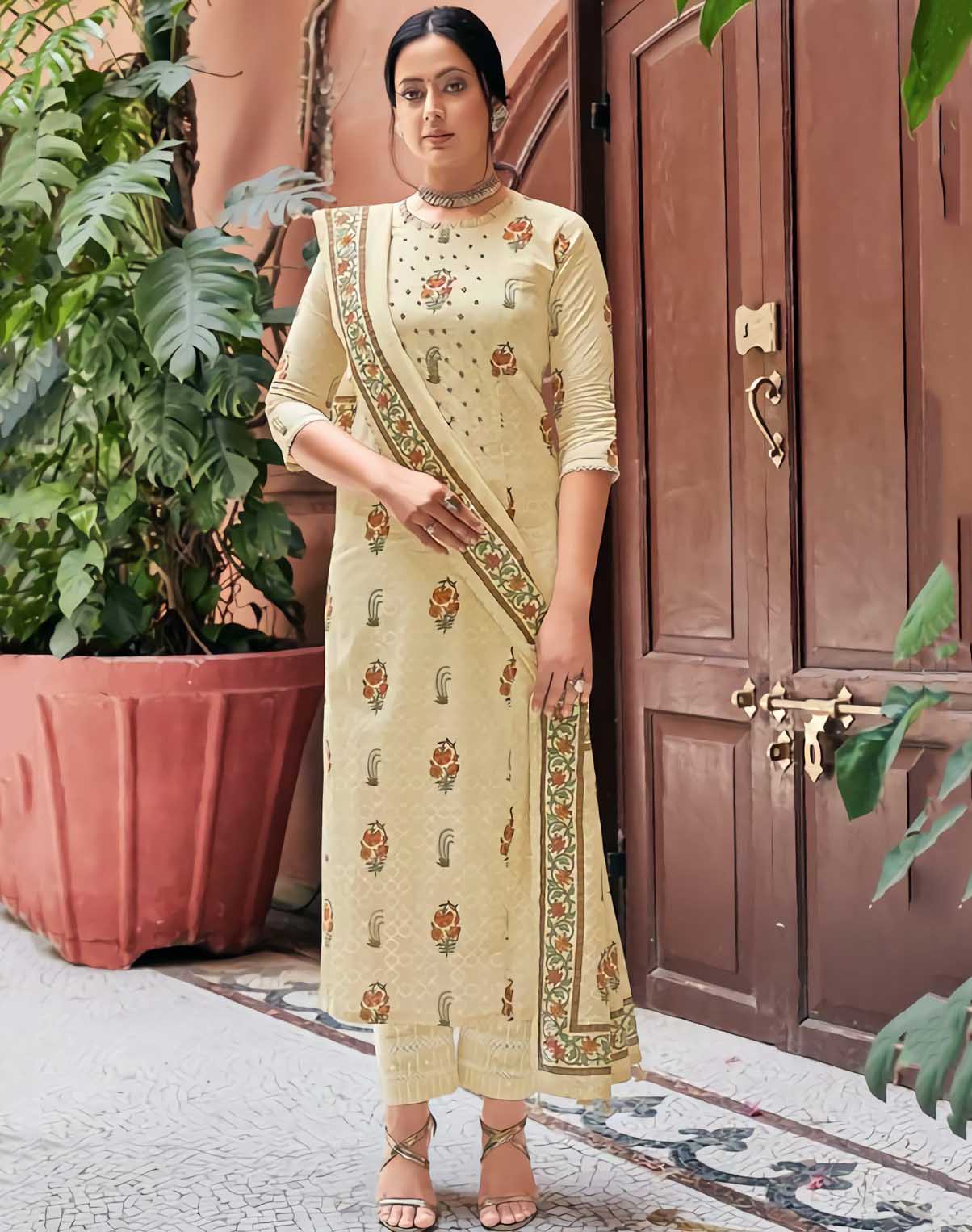 Salwar Kameez Set Organic Cotton Dress Printed Cut Dress, Pants, And Scarf  For Womens Wedding Wear From Baonuan, $72.94