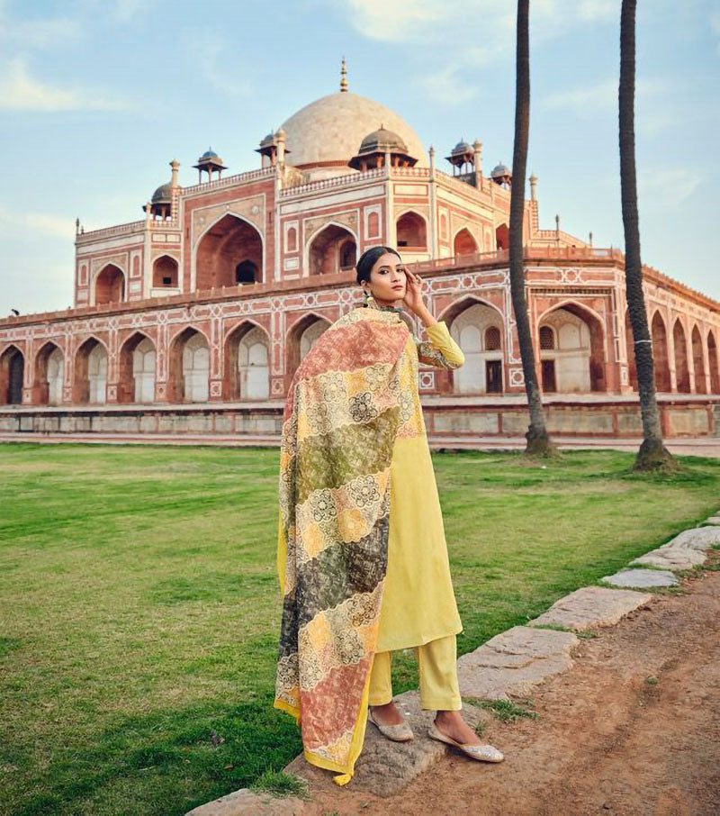 Pure Lawn Cotton Yellow Unstitched Party Wear Salwar Suits
