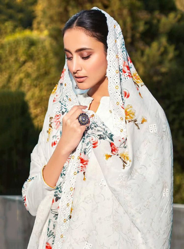 Mumtaz Arts Unstitched Pure Lawn White Salwar Suit