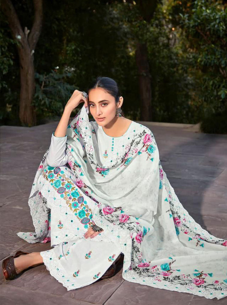 Mumtaz Arts Pure Lawn With Embroidery Unstitched White Suit Material