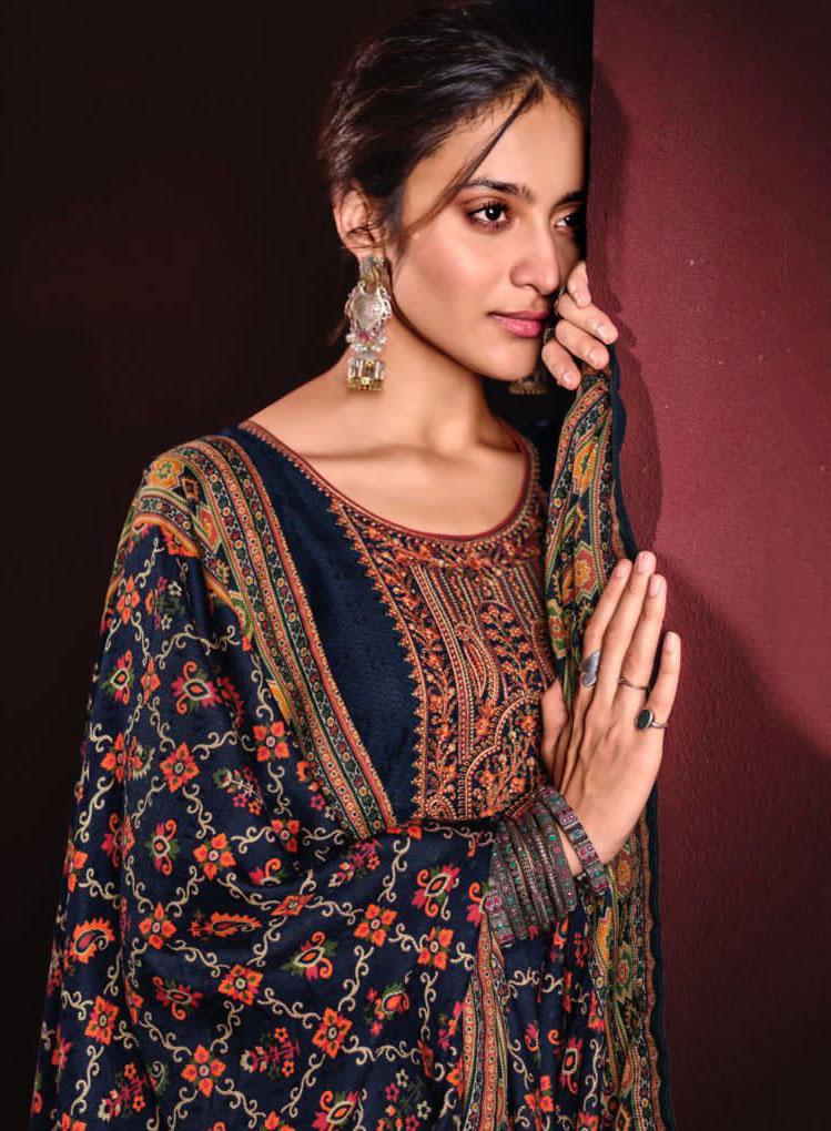 Pure Pashmina Dark Blue Winter Unstitched Suits With shawl