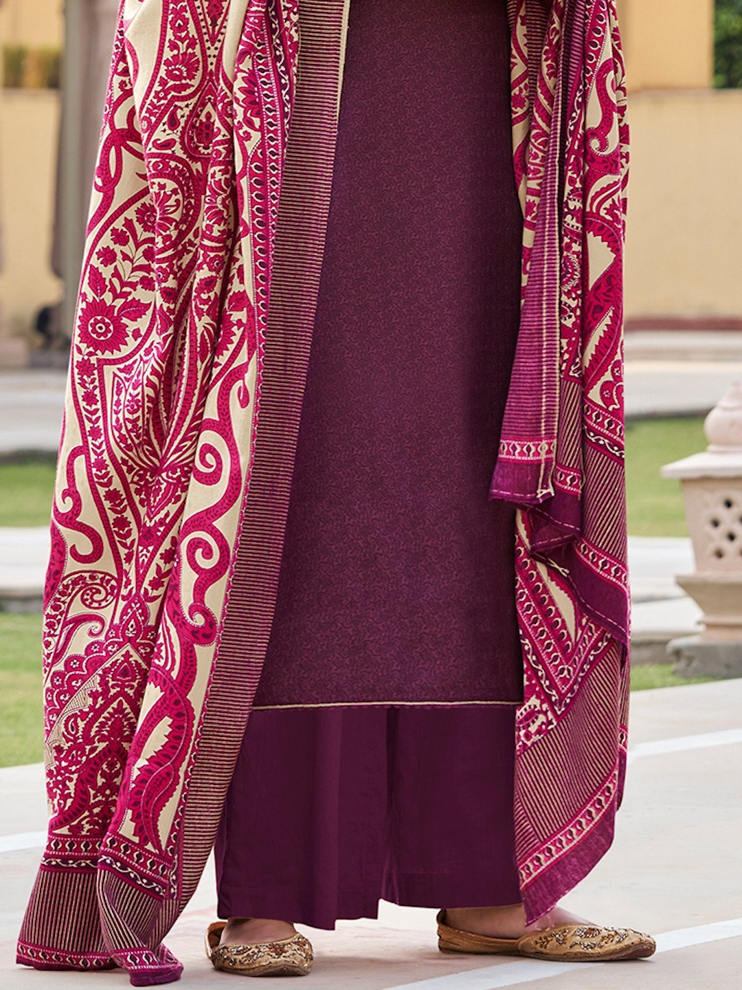 Purple UnStitched Faux Pashmina Suit with Dupatta for Ladies