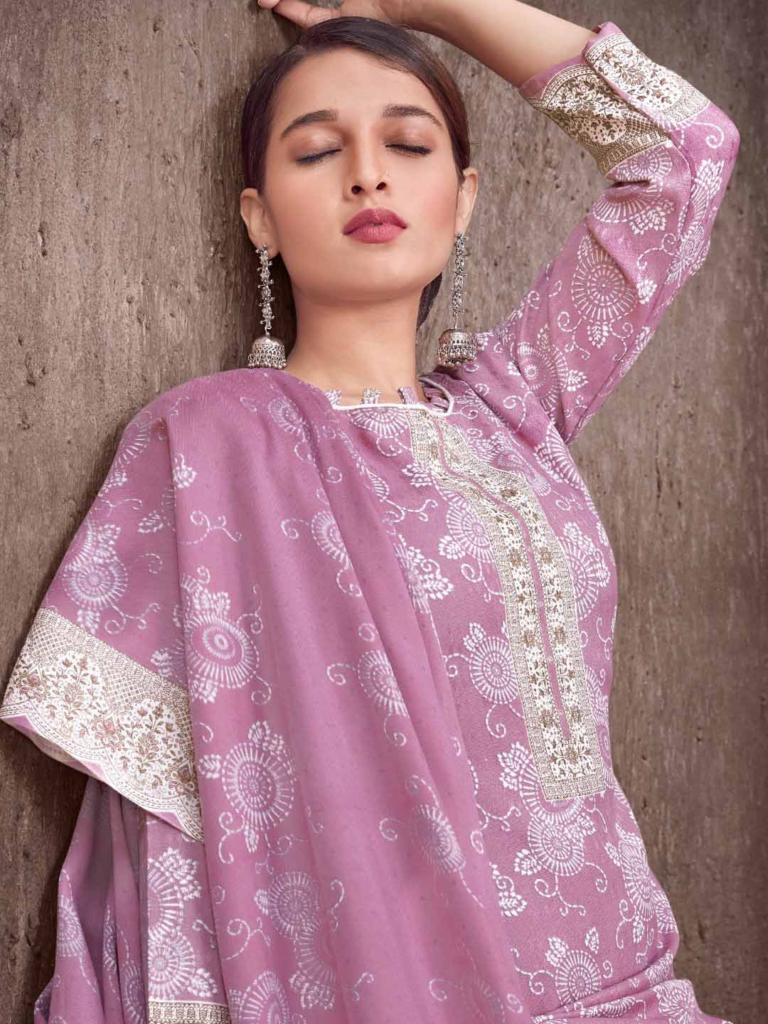Dark Purple Wool Pashmina Printed Unstitched Winter Suit