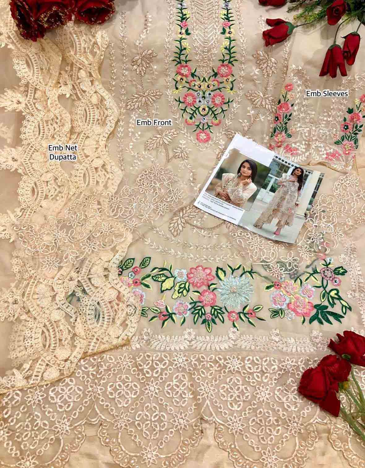 Faux Georgette Pakistani Style Unstitched Beige Suits with Net Dupatta