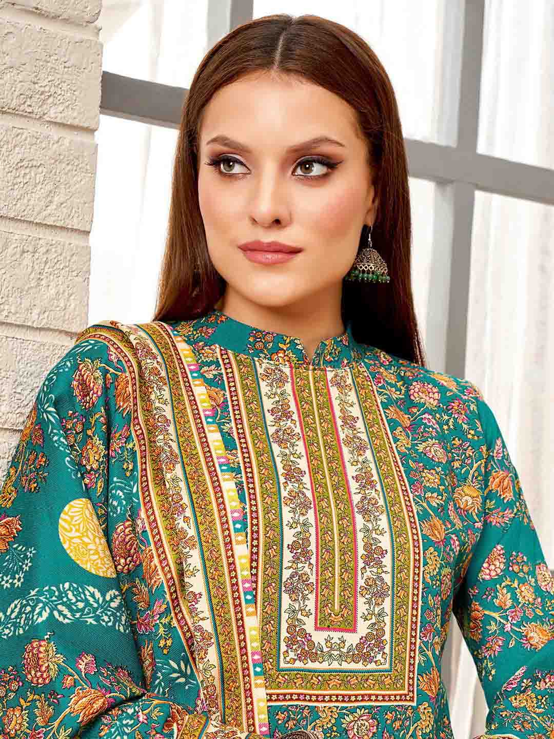 Blue Printed Spun Pashmina Unstitched Winter Suit