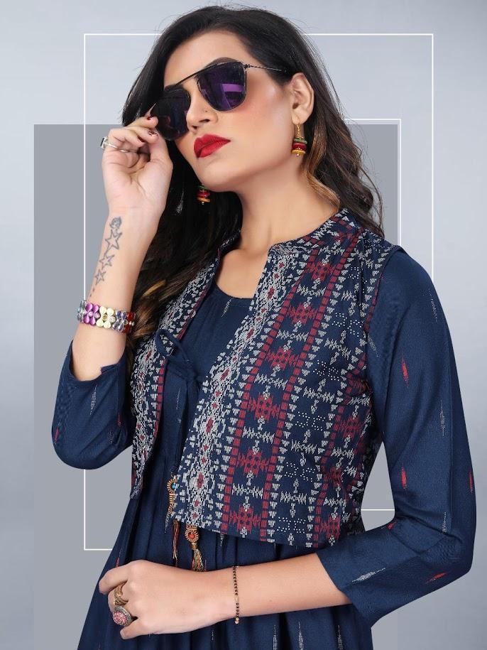 Rayon Blue Women's Kurtis With Koti Set