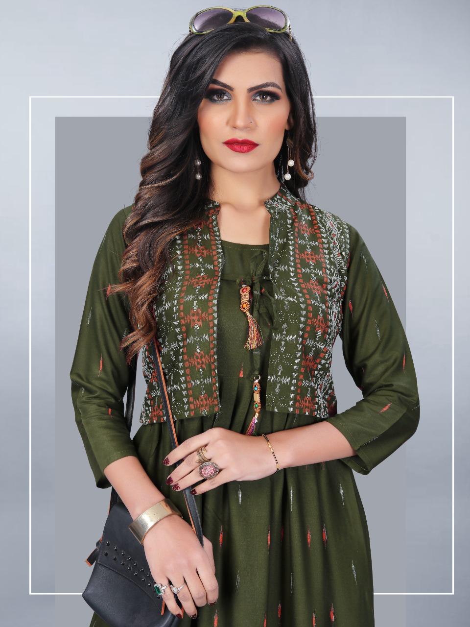 Rayon Green Women's Kurtis With Koti Set