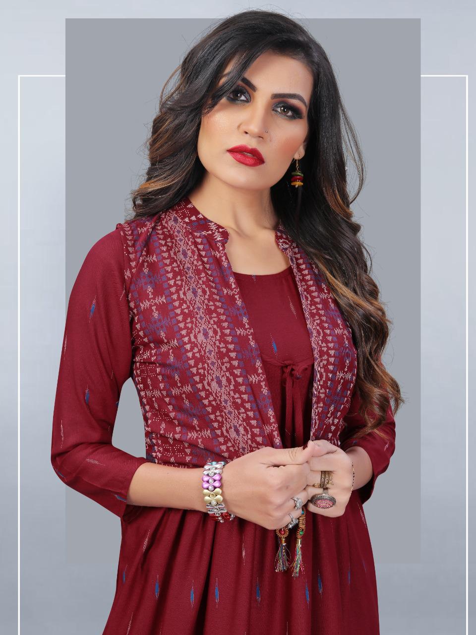 Rayon Maroon Women's Kurtis With Koti Set