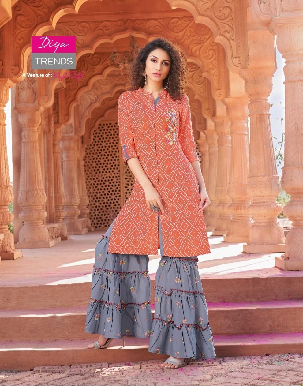 Rayon Orange Kurti with Printed Sharara Set
