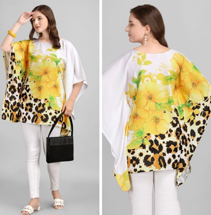 Rayon Yellow Floral Printed Kaftan Tunic tops for Ladies