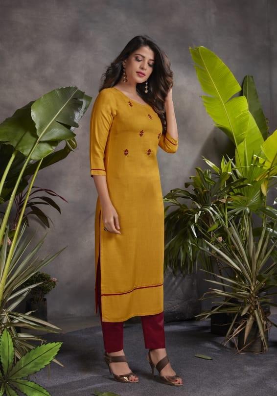 Rayon Yellow Kurta Pant Set with Hand Work for Women