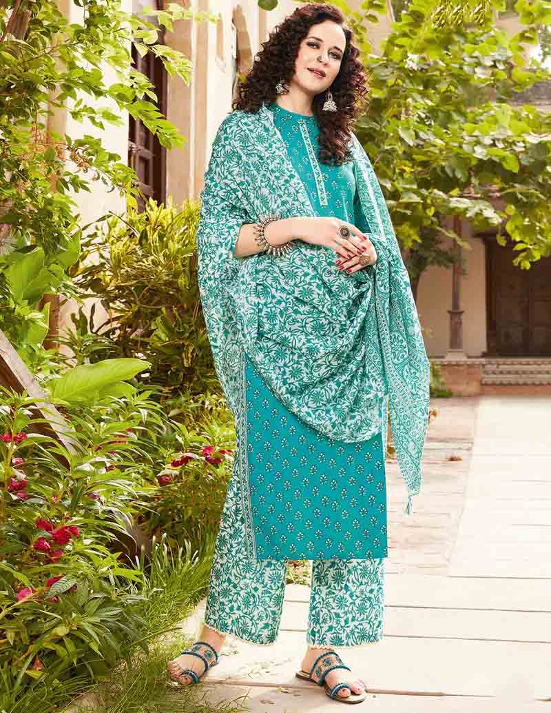 Readymade Blue Cotton Kurti Pant Set with Dupatta