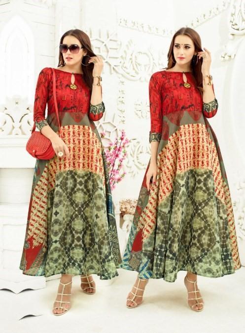 Red Printed Flared Silk Anarkali Kurta for Women