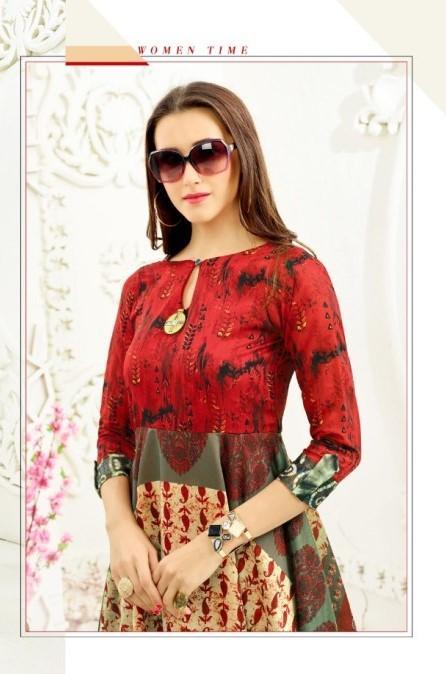 Red Printed Flared Silk Anarkali Kurta for Women