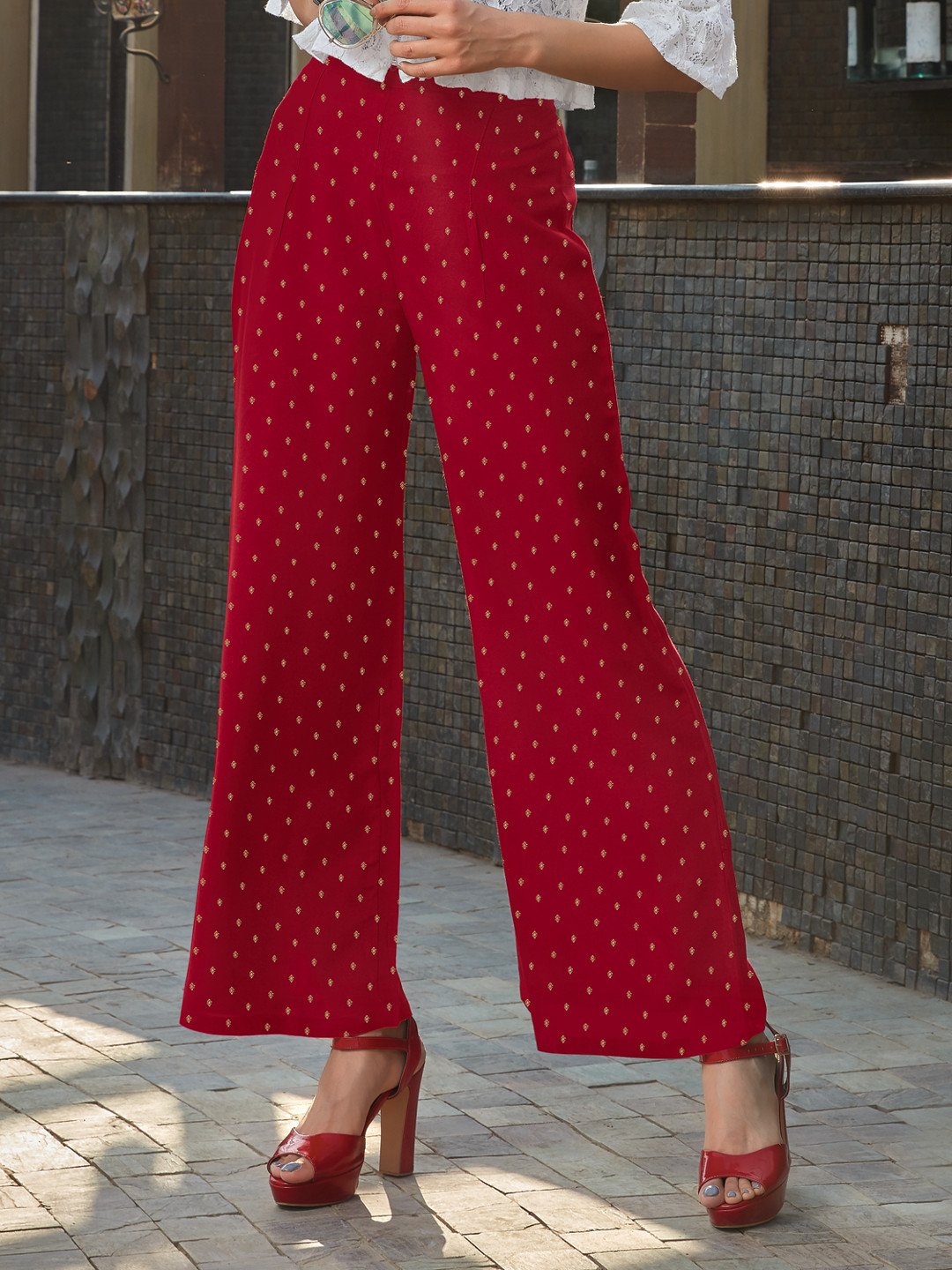 Red Rayon Jacquard Palazzo for Women