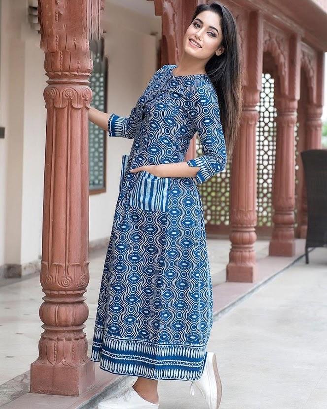 Regular Wear Blue Long Printed Women Kurtis