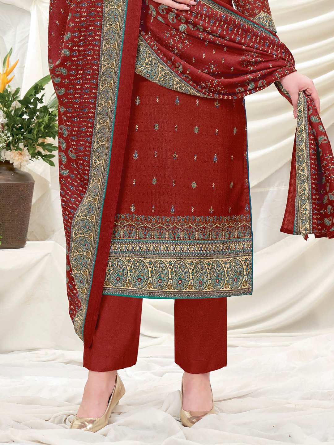 Wool Pashmina Rust Red Printed Unstitched Winter Suit Set