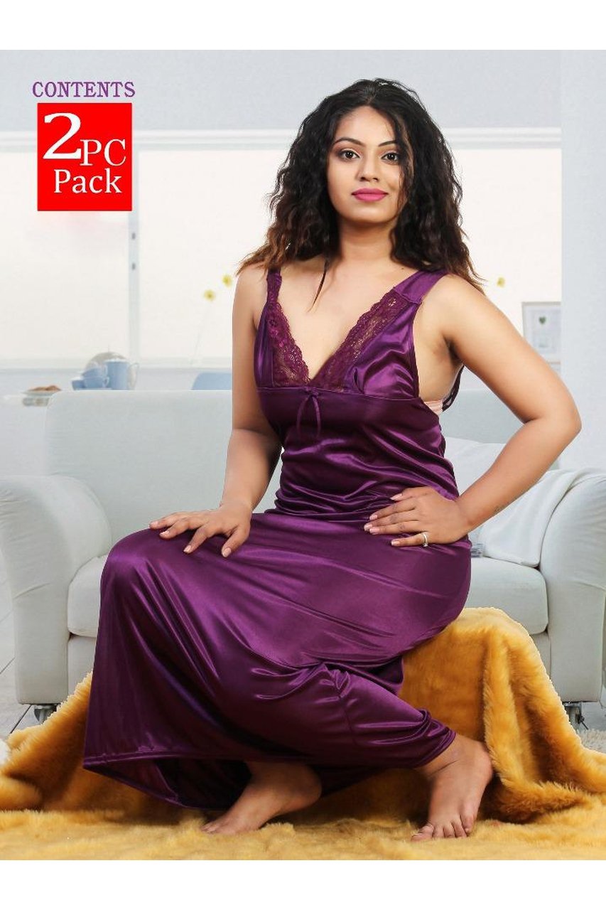 Satin Long Night Gown With Purple Robe for women