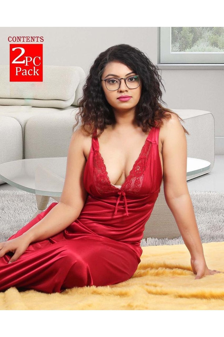 Satin Long Night Gown With Red Robe for women
