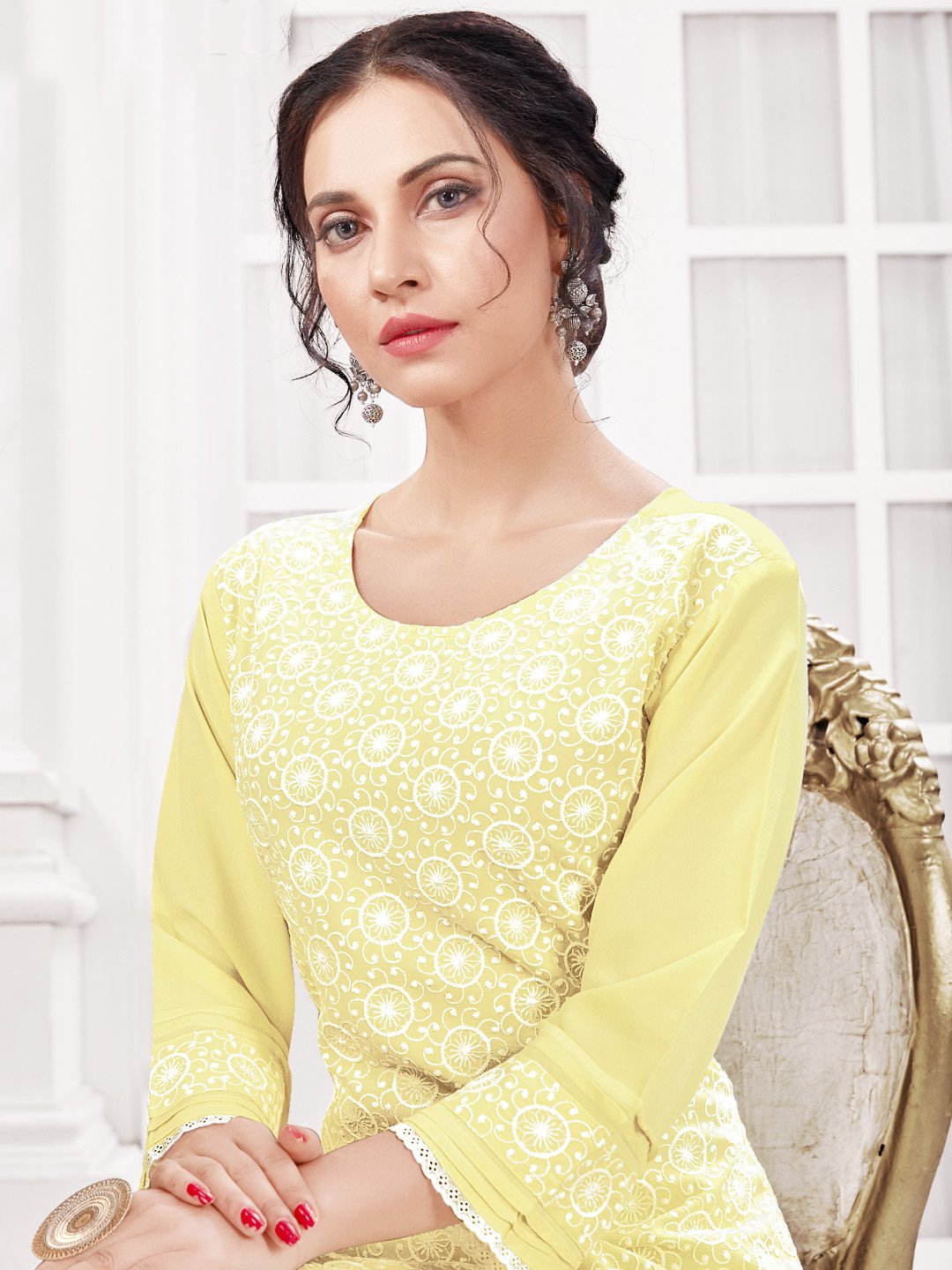 Schiffli Work Yellow Rayon Kurta with Pants