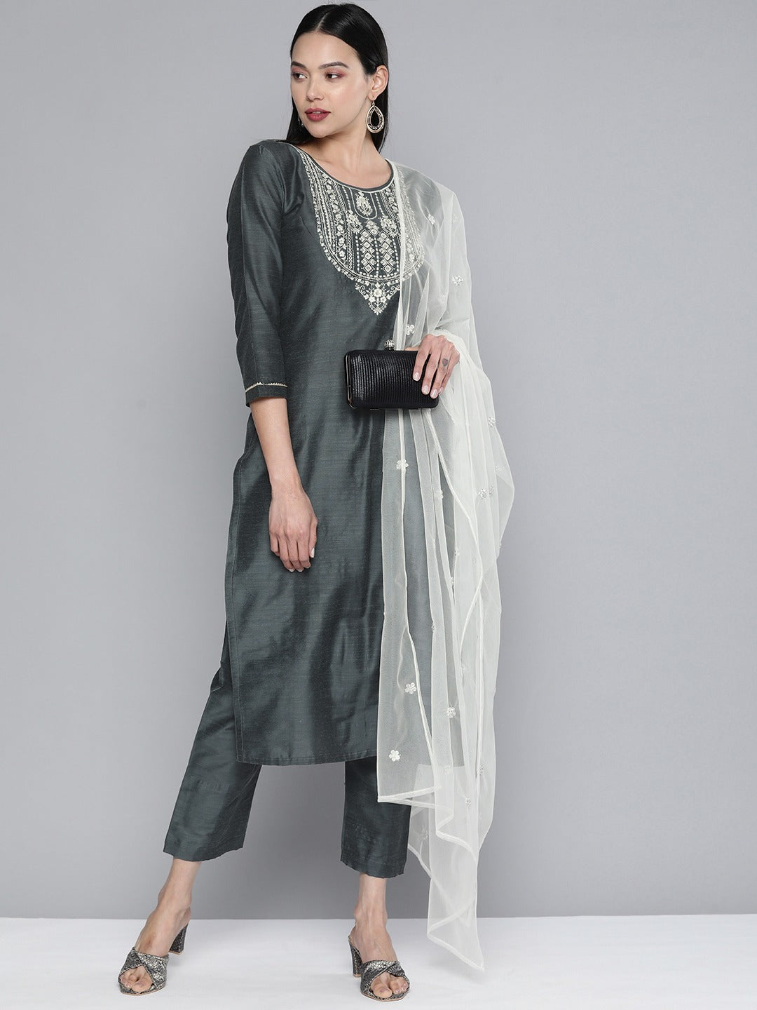 South Cotton Grey Kurta Set With Pants For Women