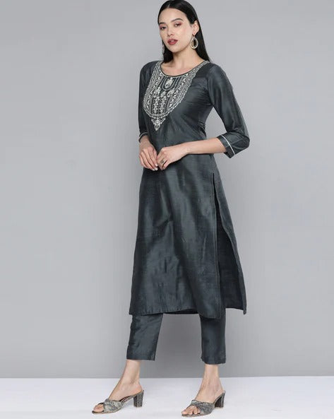 South Cotton Grey Kurta Set With Pants For Women