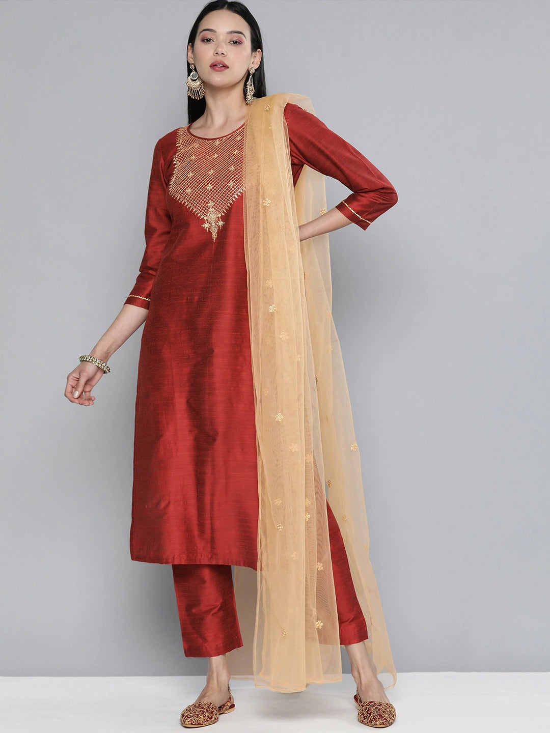 South Cotton Red Kurta Set With Pants and Dupatta For Women