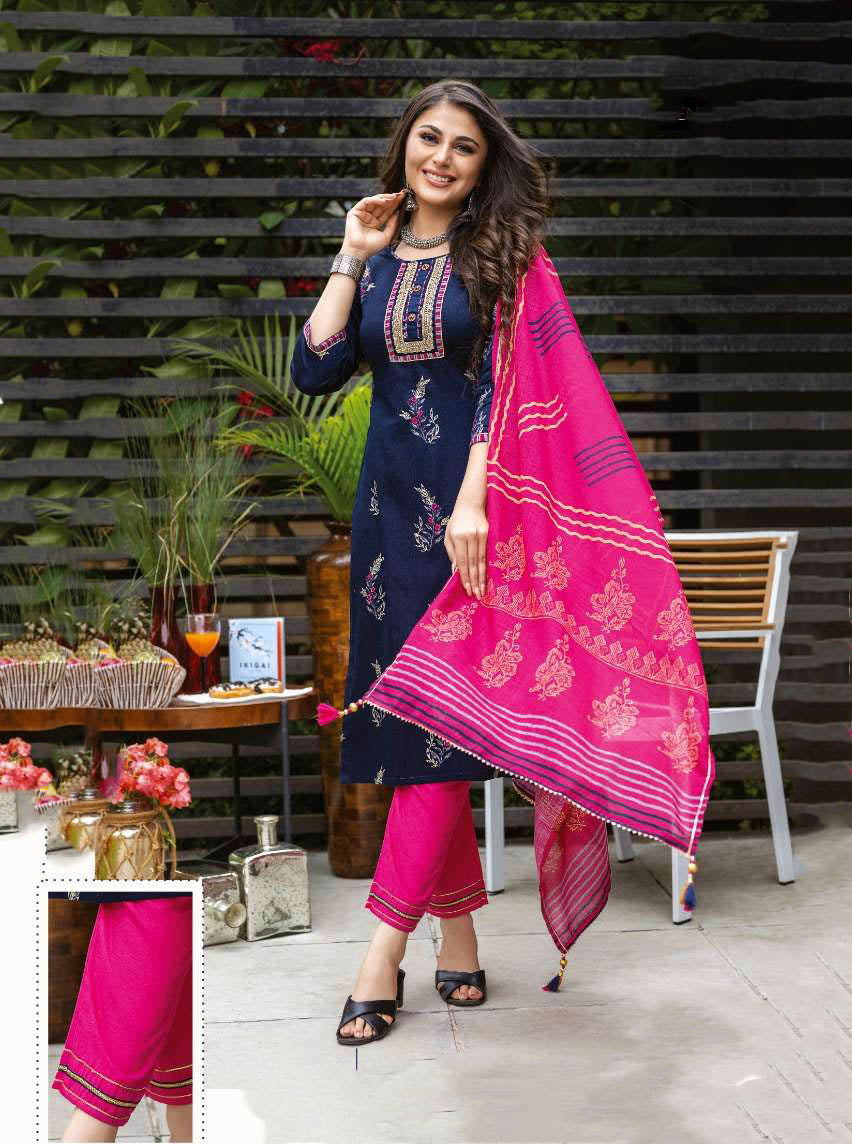 Stitched Readymade Dark Blue Printed Cotton Suit Set