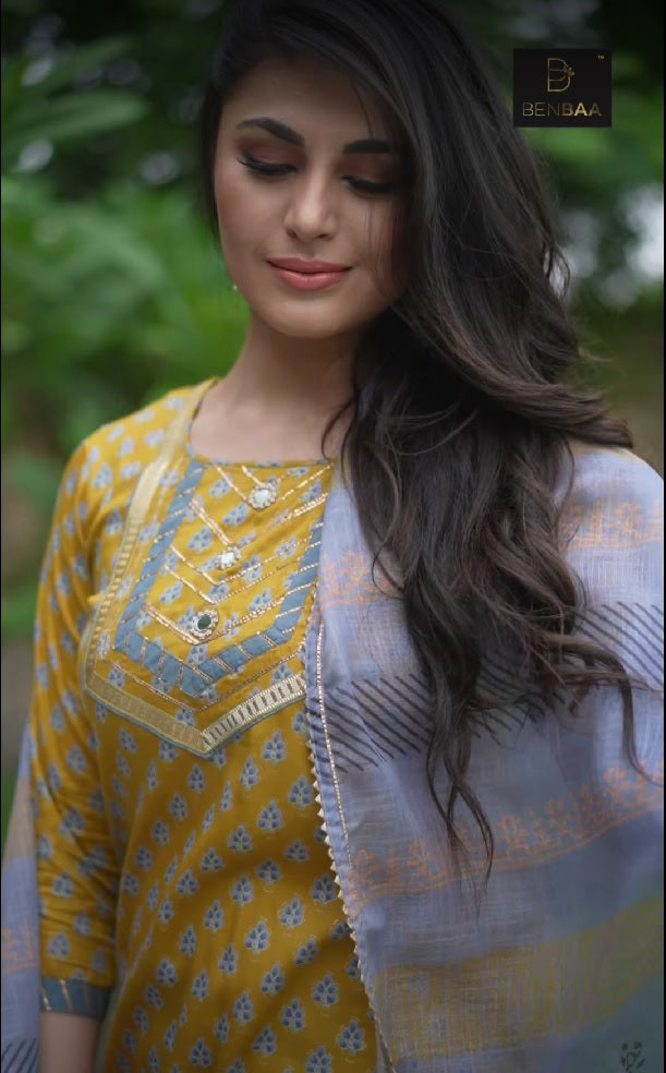 Stitched Readymade Printed Yellow Cotton Suit Set