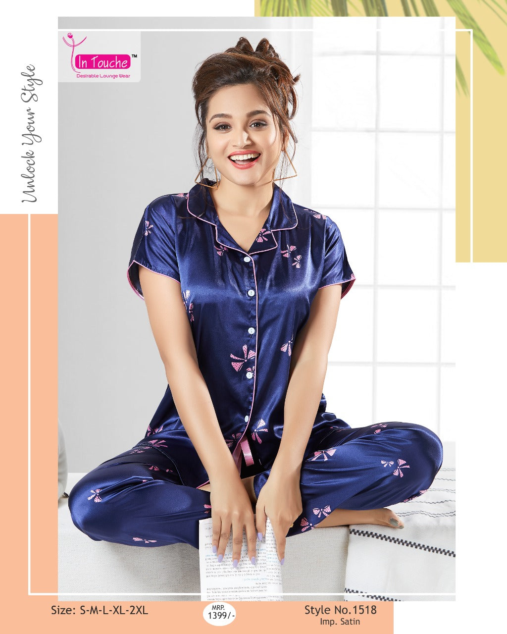 Stylish Printed Blue Satin Night Suit Set for Ladies