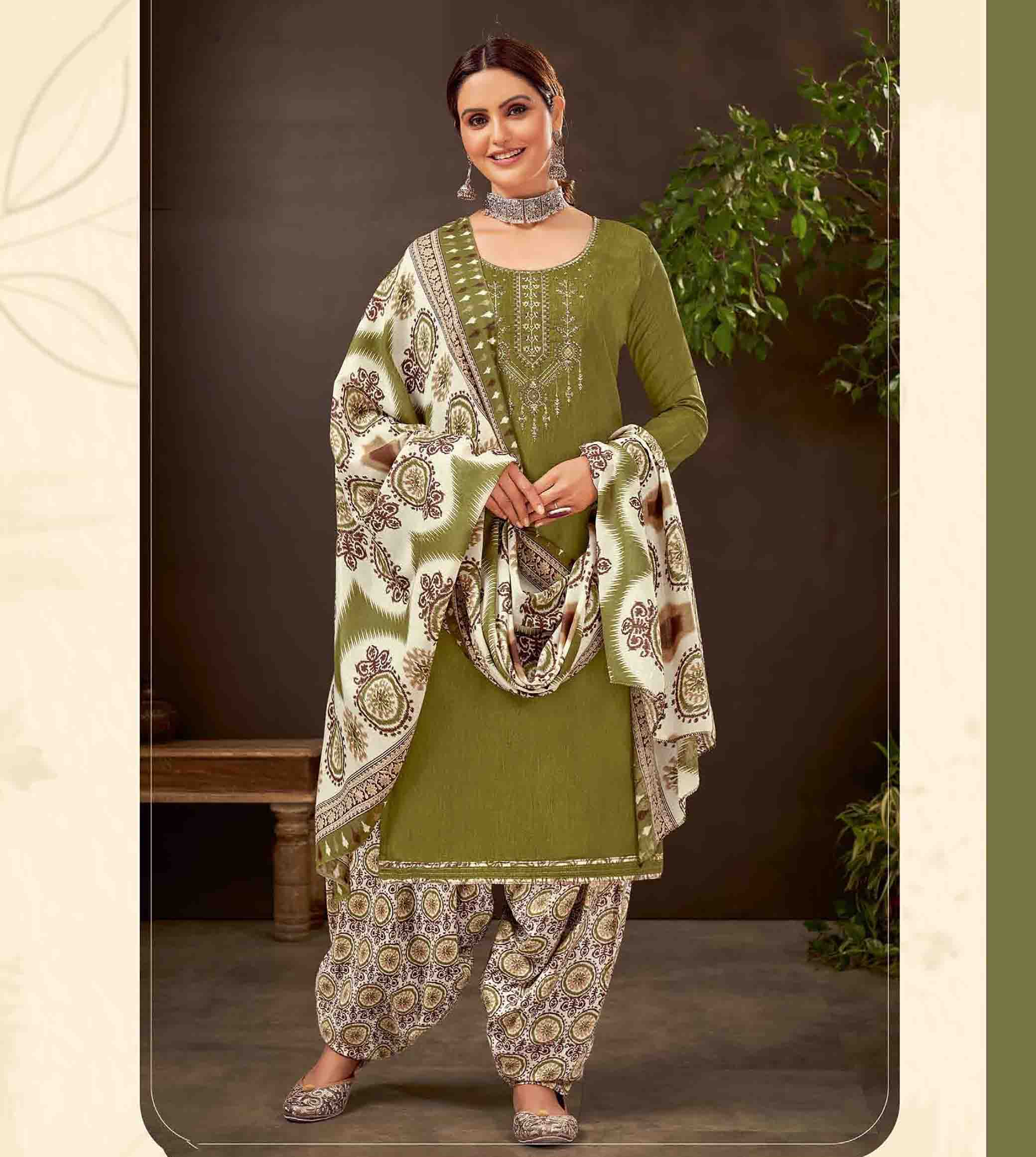 Unstitched Pure Cotton Women Green Punjabi Suits Dress Material – Stilento