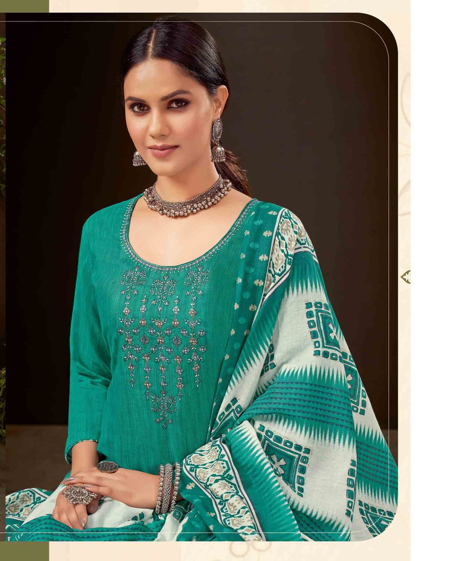 Unstitched Pure Cotton Women Teal Green Punjabi Suit Dress Material