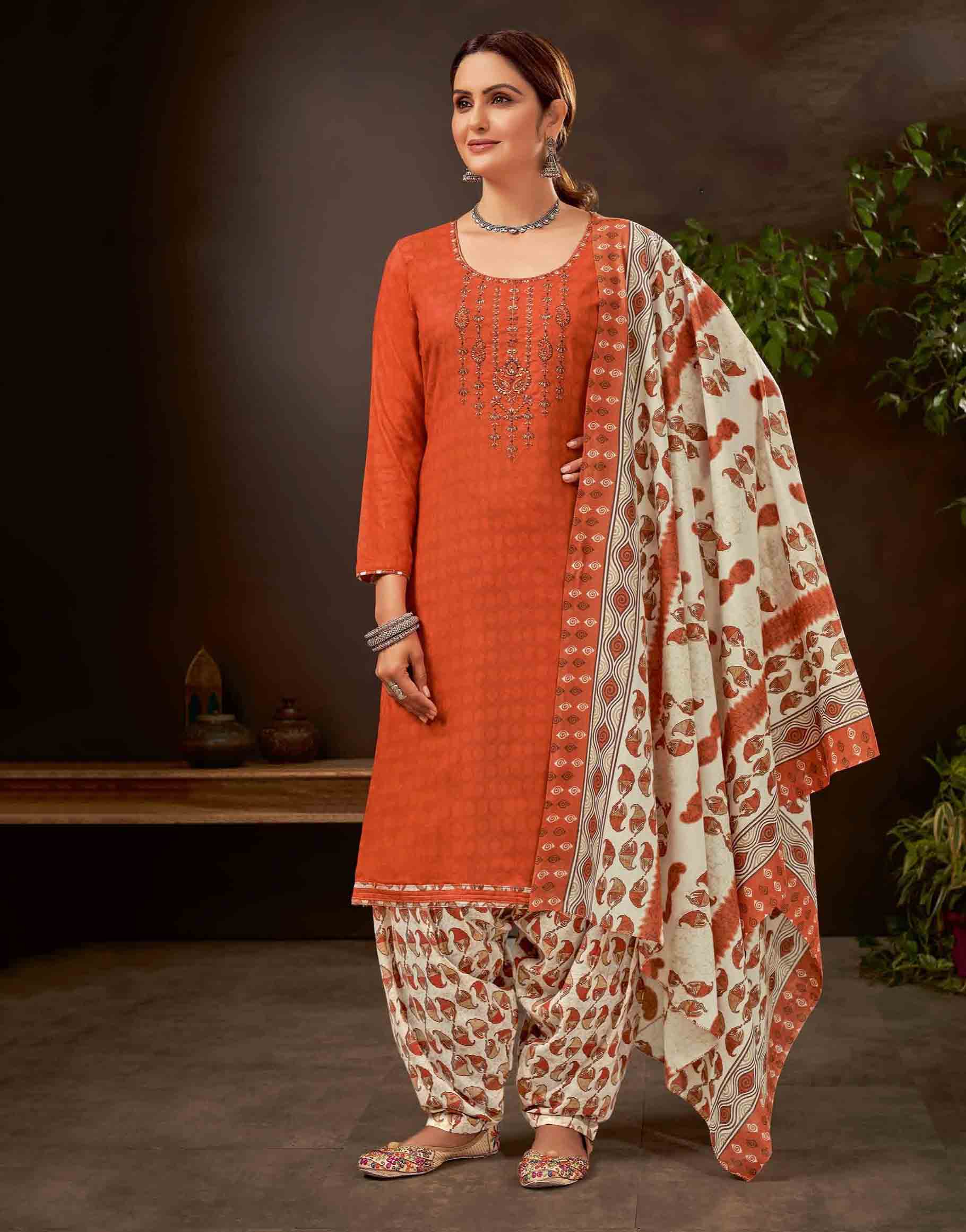 Unstitched Pure Cotton Women Orange Punjabi Suits Dress Material