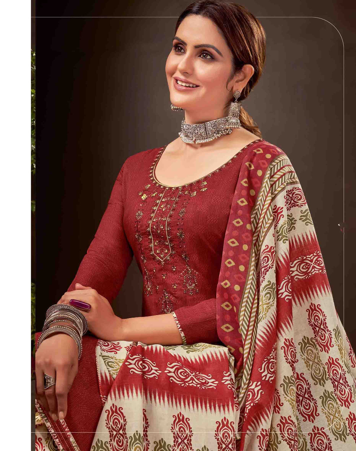 Unstitched Pure Cotton Women Red Punjabi Suit Dress Material