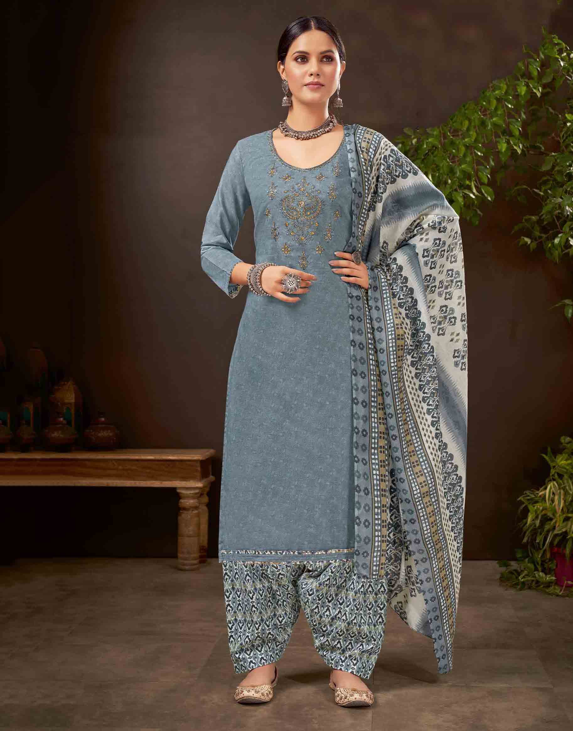 Unstitched Pure Cotton Women Grey Punjabi Suits Dress Material