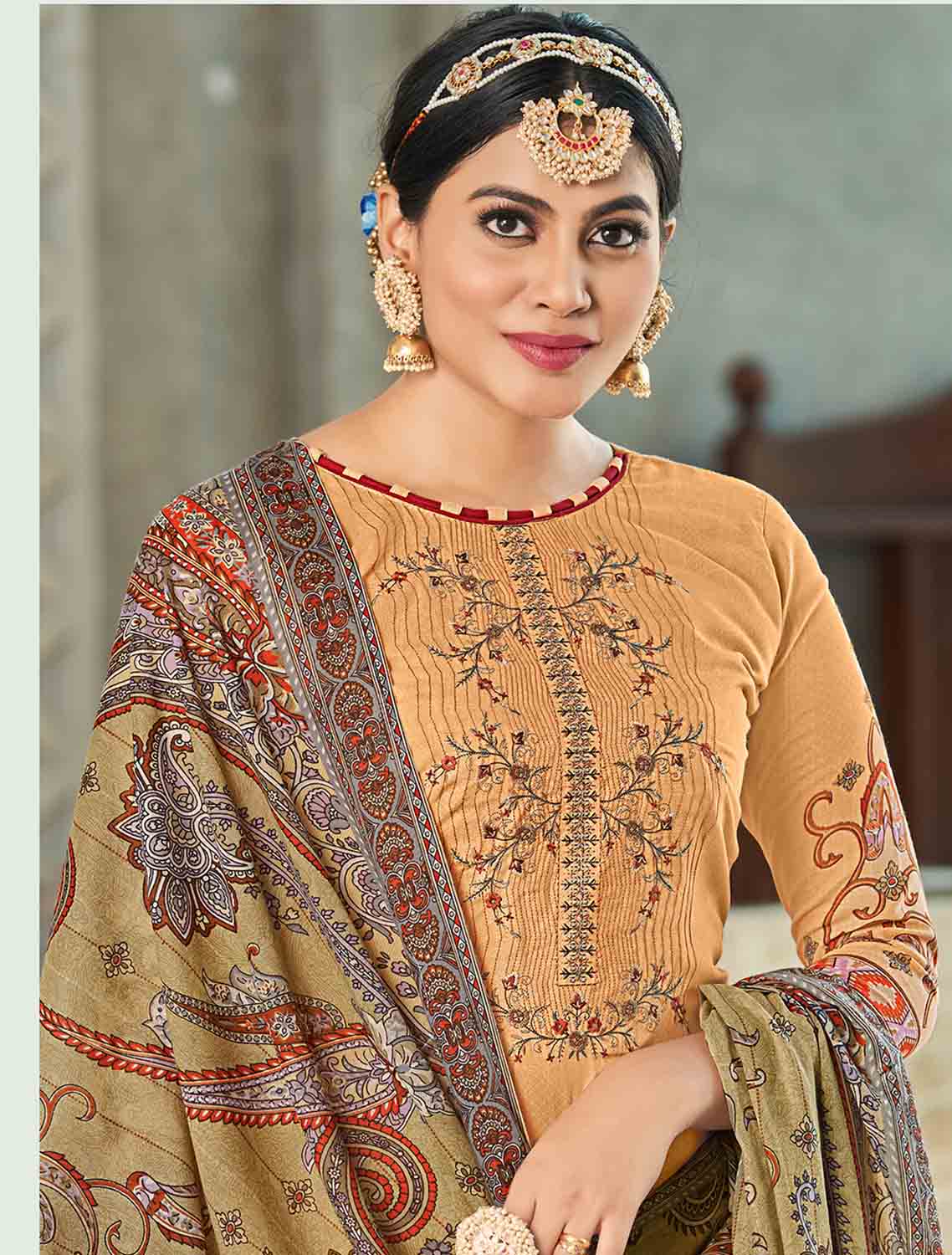 Unstitched Cotton Women Orange Salwar Suit Material with Embroidery