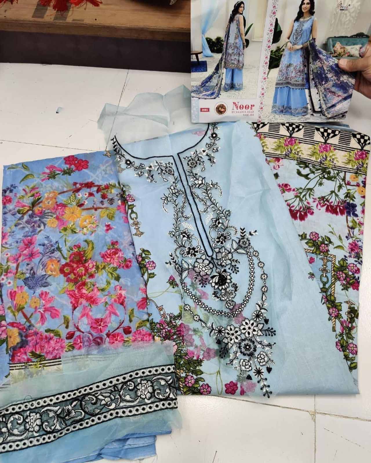 Unstitched Blue Cotton Pakistani Style Suits Dress Material