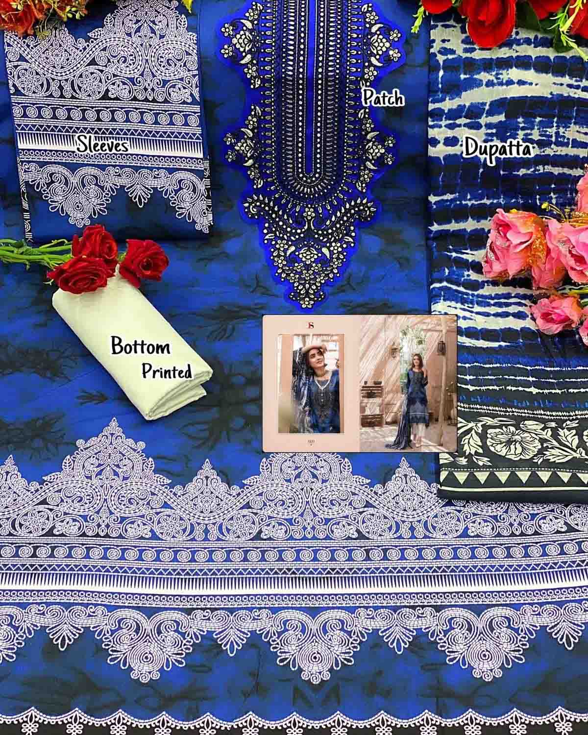 Unstitched Blue Cotton Pakistani Suit Material