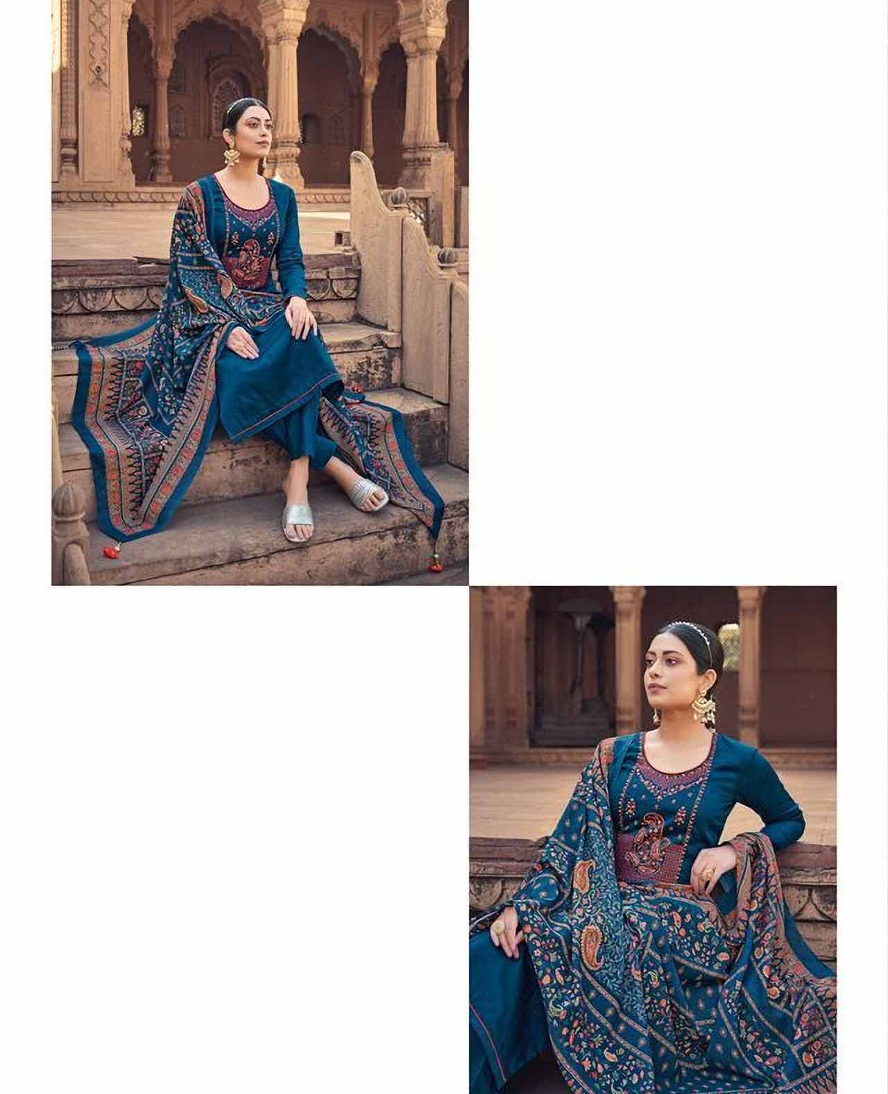 Unstitched Blue Jam Satin Printed Dress Material With Embroidery