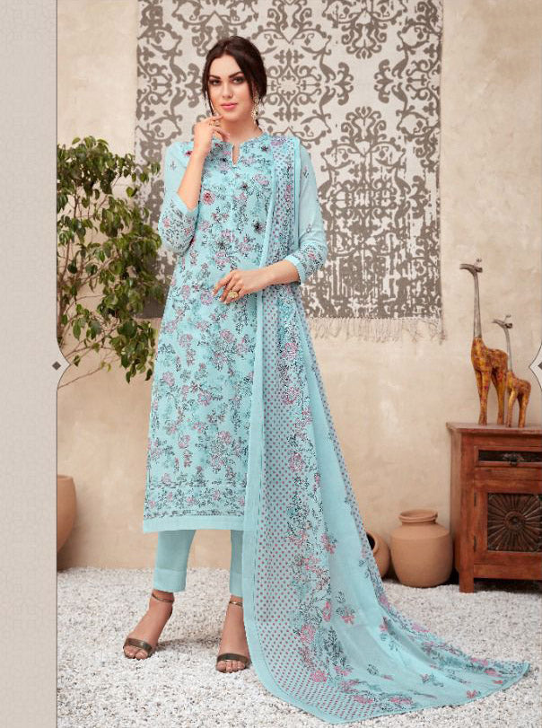 Unstitched Blue Printed Cotton Suits With Kota Work
