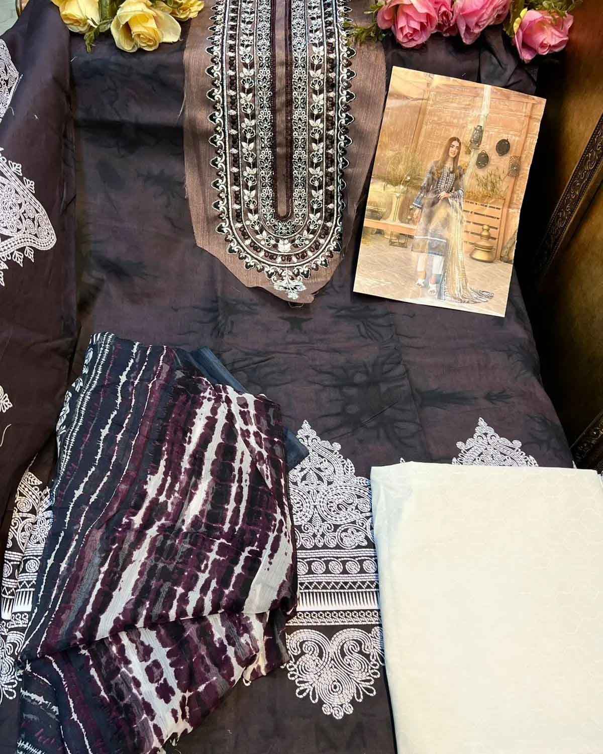 Unstitched Brown Cotton Pakistani Suit Material