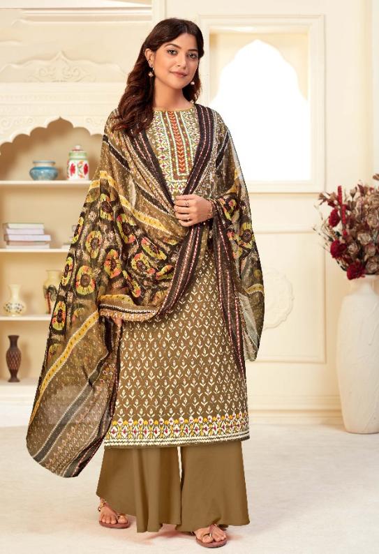 Unstitched Brown Salwar Suits Material with Chiffon Dupatta for Woman