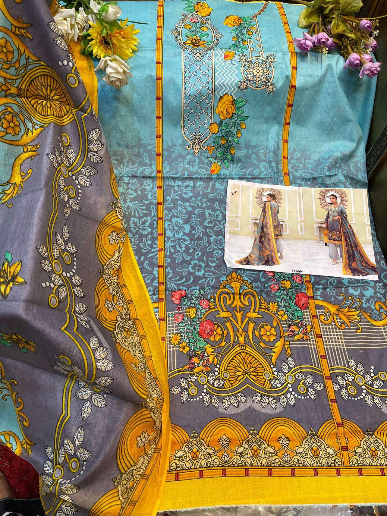 Unstitched Cotton Blue Salwar Suit Pakistani Dress Material