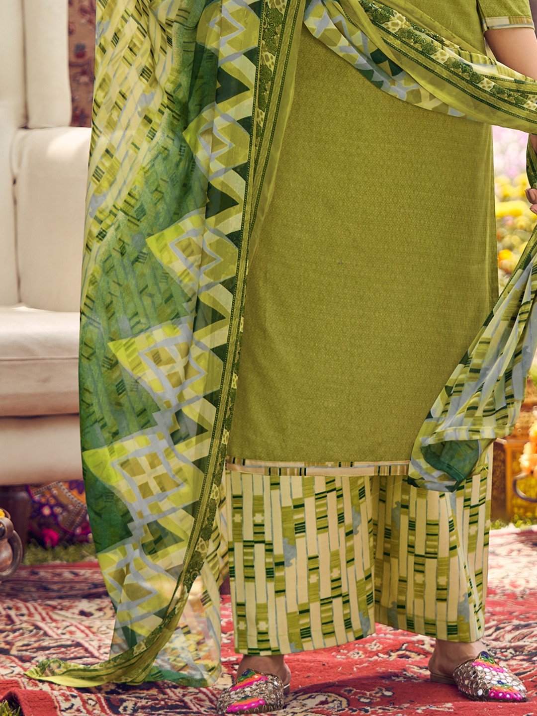 Women's Green Unstitched Cotton Green Suit Dress Material