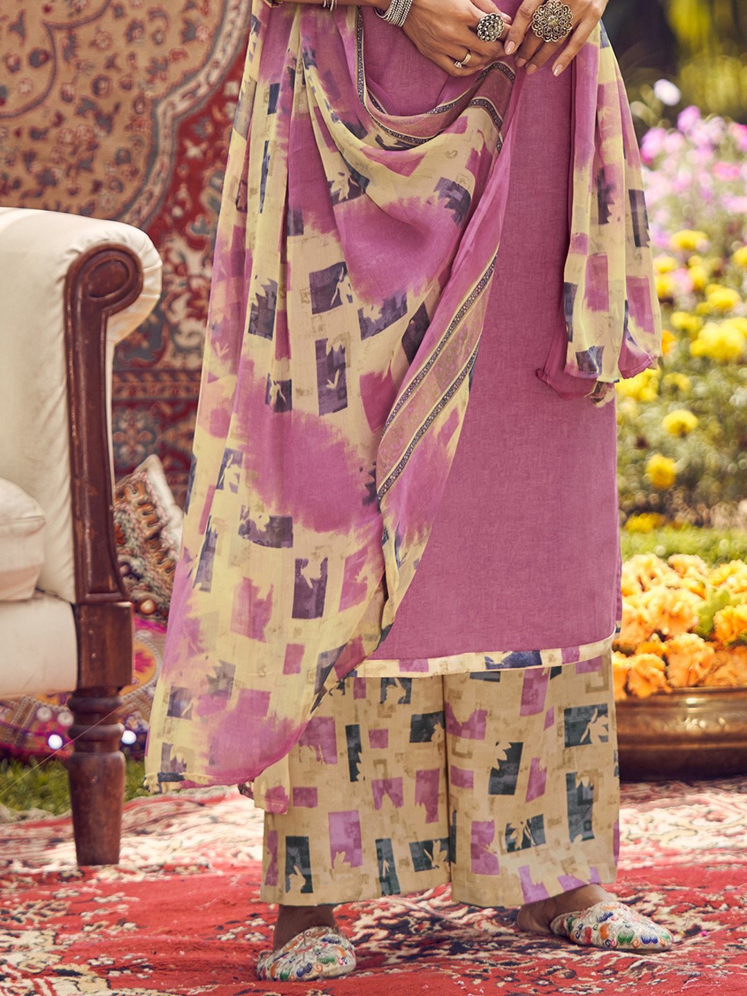 Unstitched Cotton Embroidered Mauve Salwar Kameez Suit Set