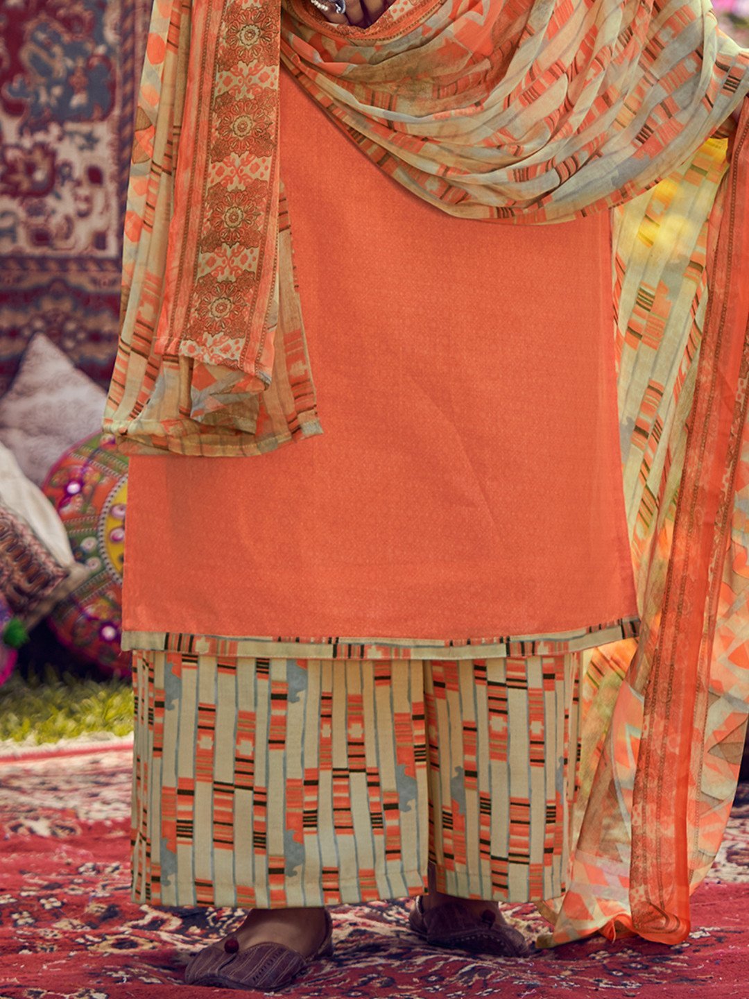 Unstitched Cotton Embroidered Orange Salwar Kameez Suit Set