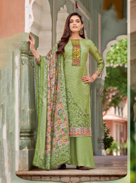 Unstitched Cotton Green Pakistani Karachi Suits Dress Material with Dupatta